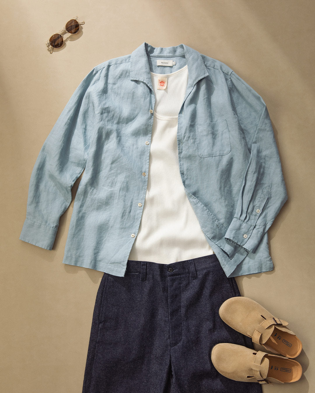 1950s Italian Collar Long Sleeve Linen Shirt - Light Blue