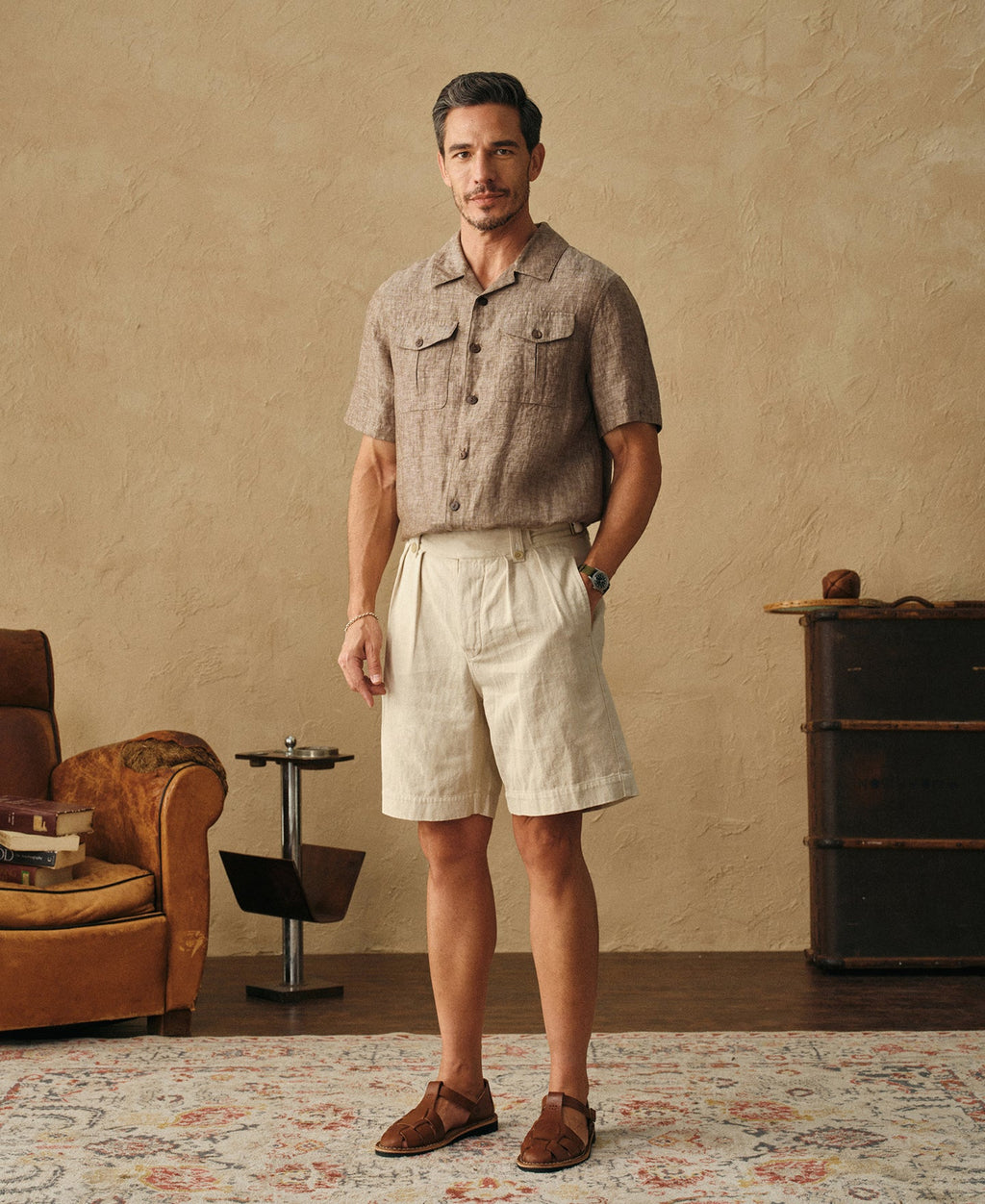 Yarn-dyed Linen Camp-Collar Shirt - Coffee