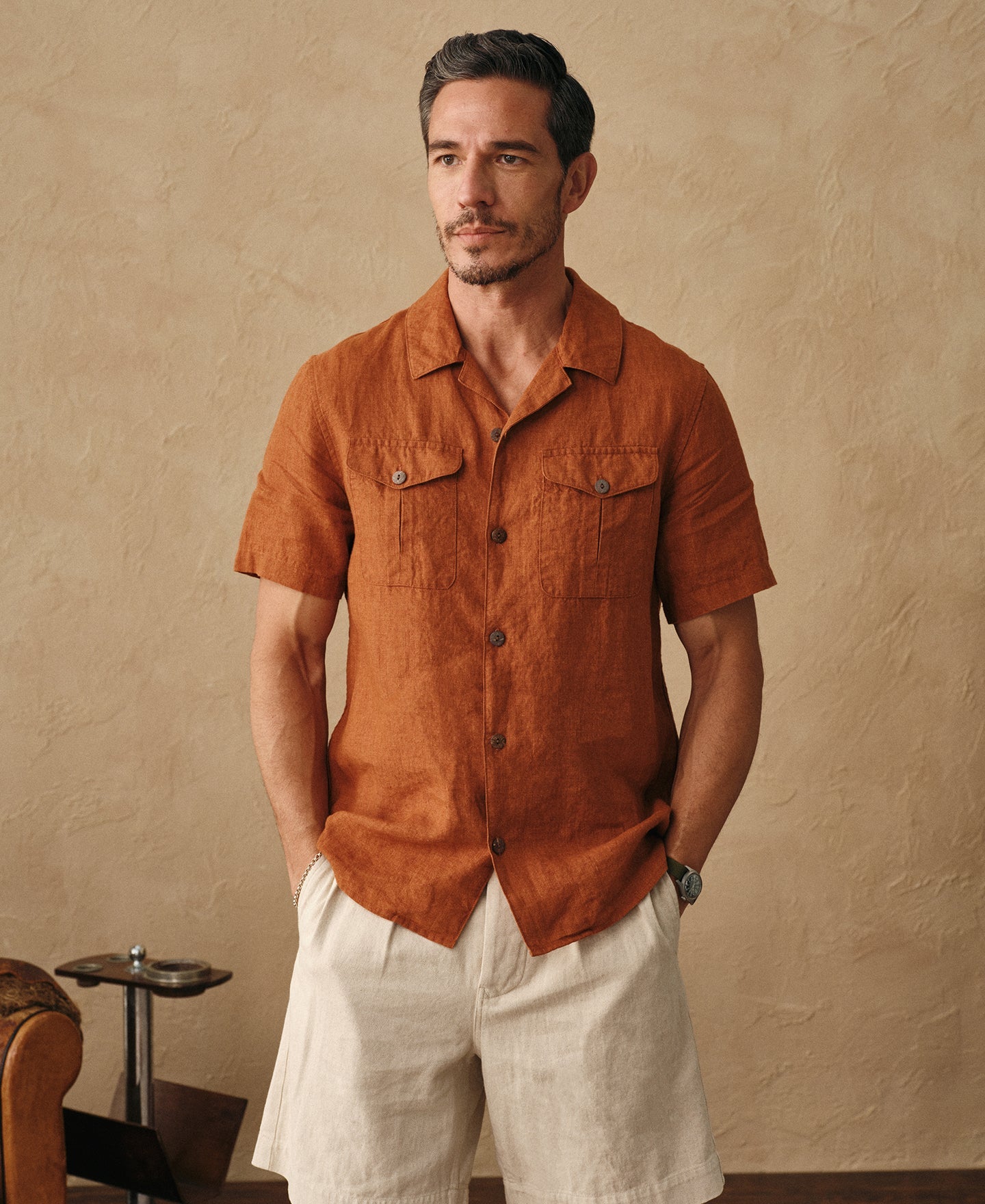 Yarn-dyed Linen Camp-Collar Shirt - Red