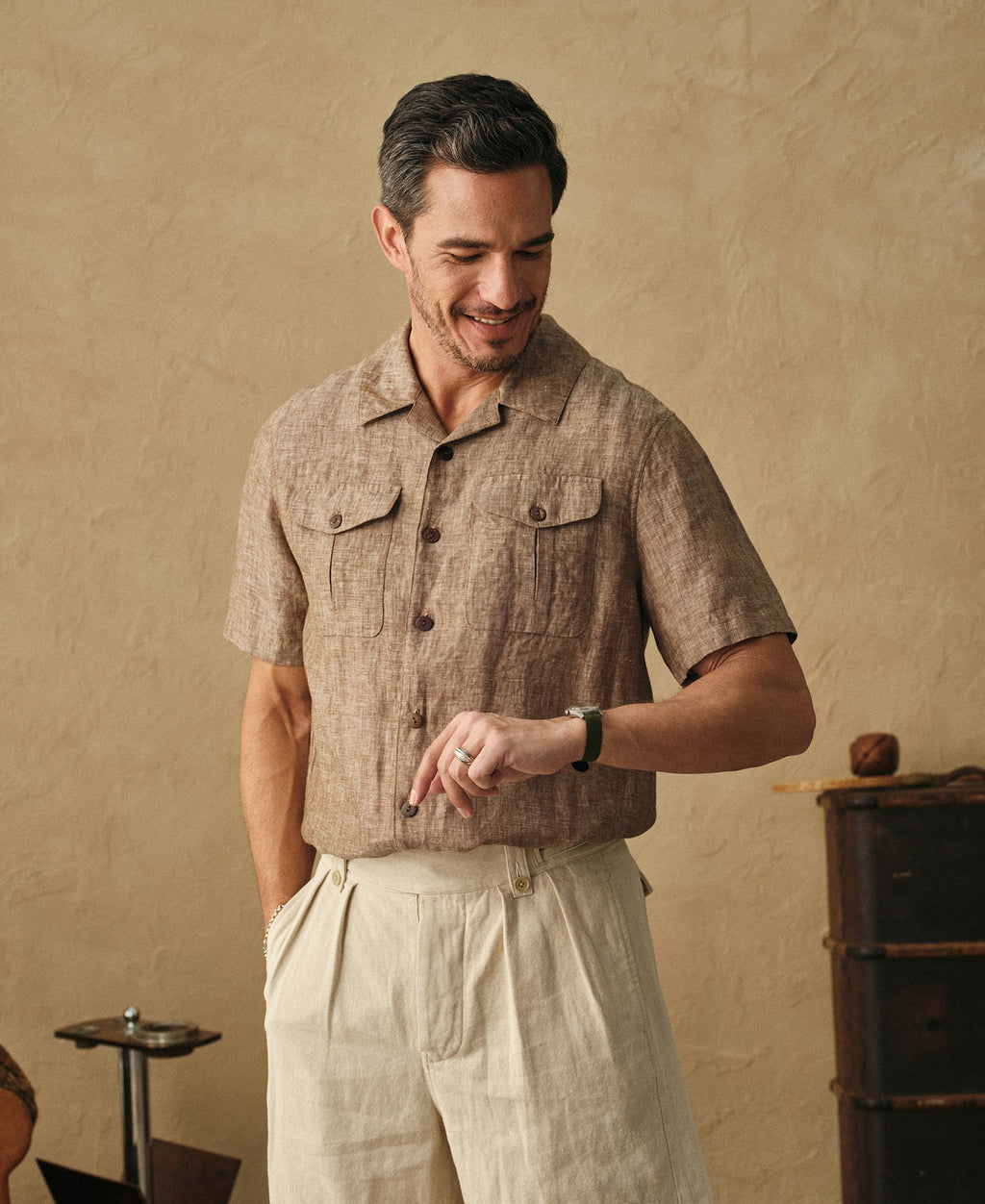 Yarn-dyed Linen Camp-Collar Shirt - Coffee