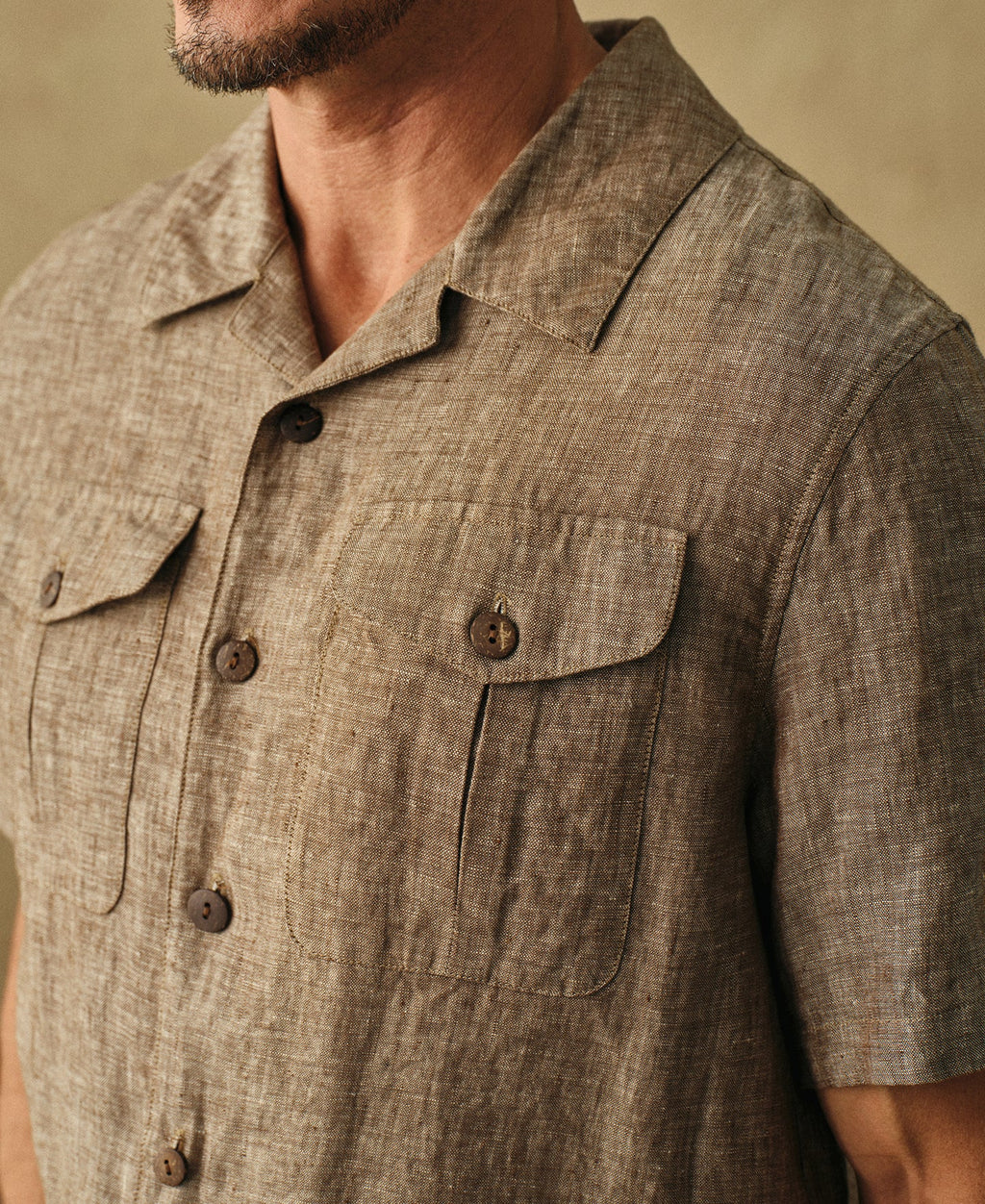 Yarn-dyed Linen Camp-Collar Shirt - Coffee