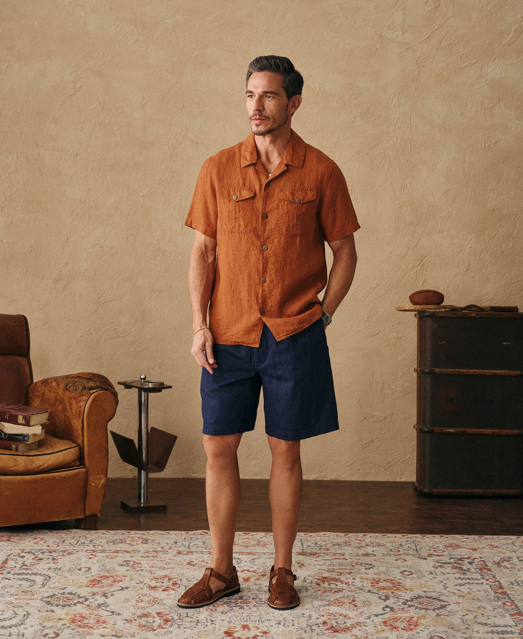 Yarn-dyed Linen Camp-Collar Shirt - Red