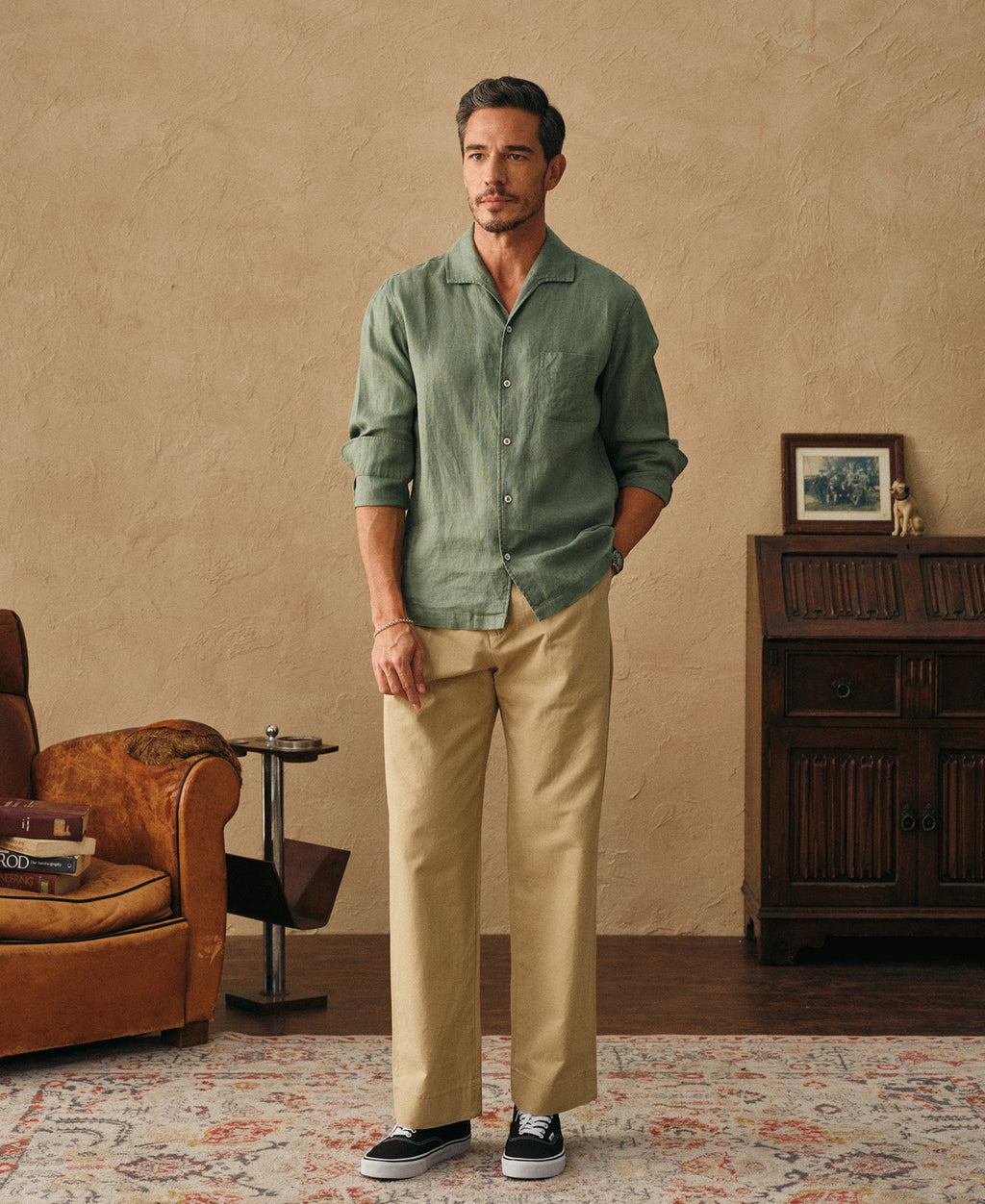 1950s Italian Collar Long Sleeve Linen Shirt - Sage