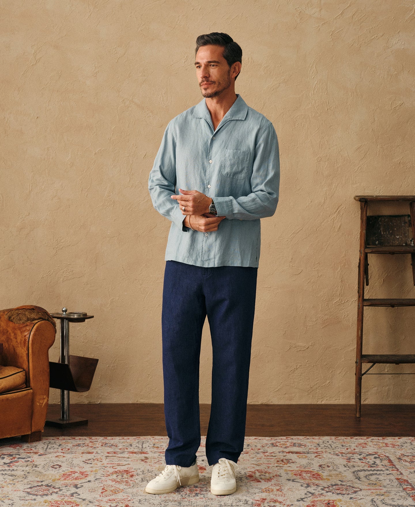 1950s Italian Collar Long Sleeve Linen Shirt - Light Blue