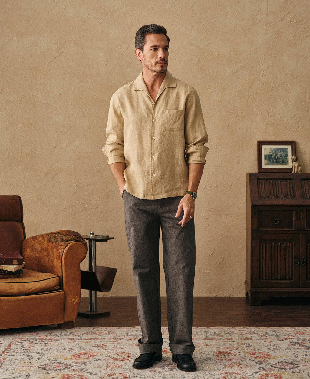 1950s Italian Collar Long Sleeve Linen Shirt - Light Coffee