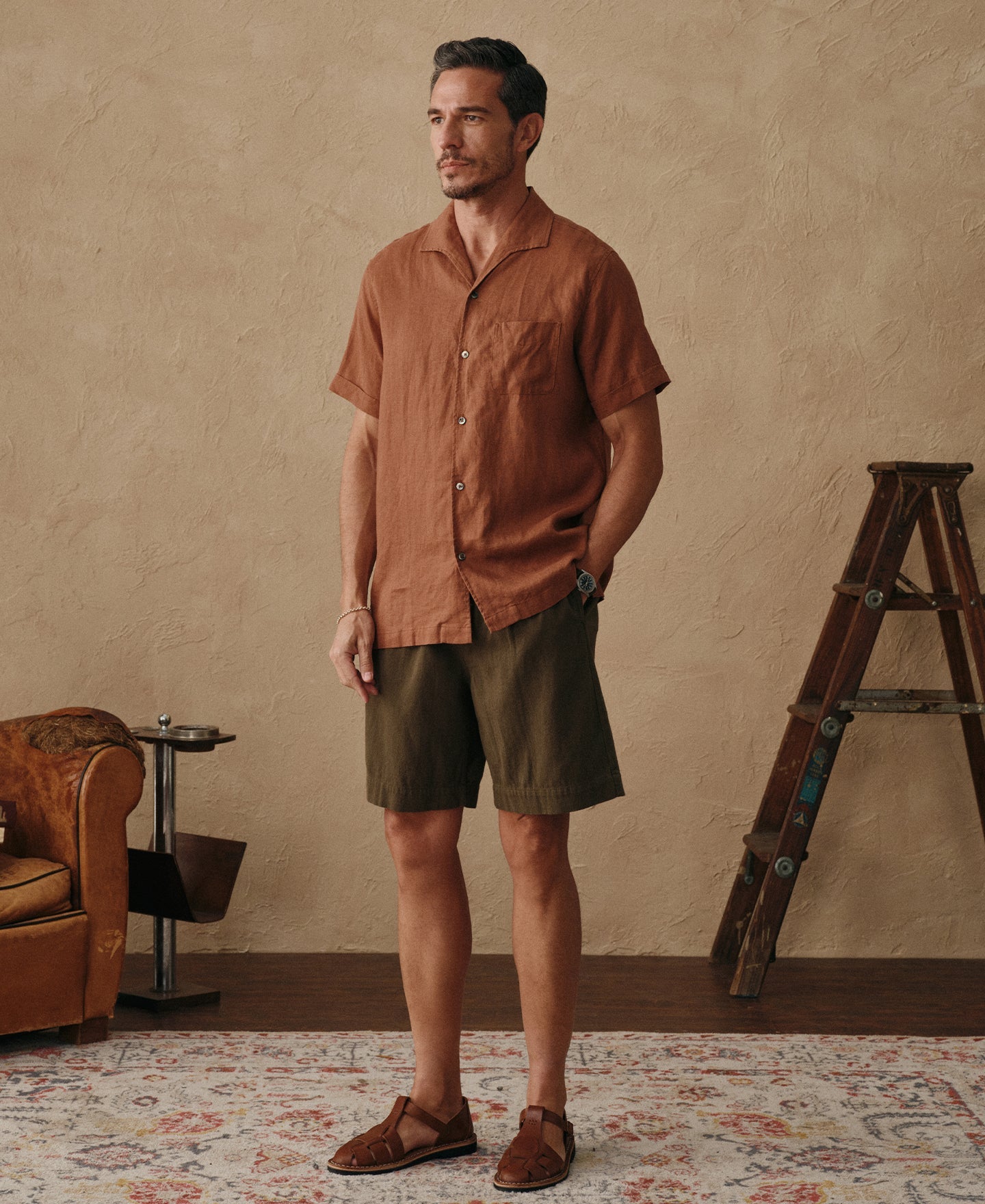 1950s Italian Collar Linen Short Sleeve Shirt - Brown