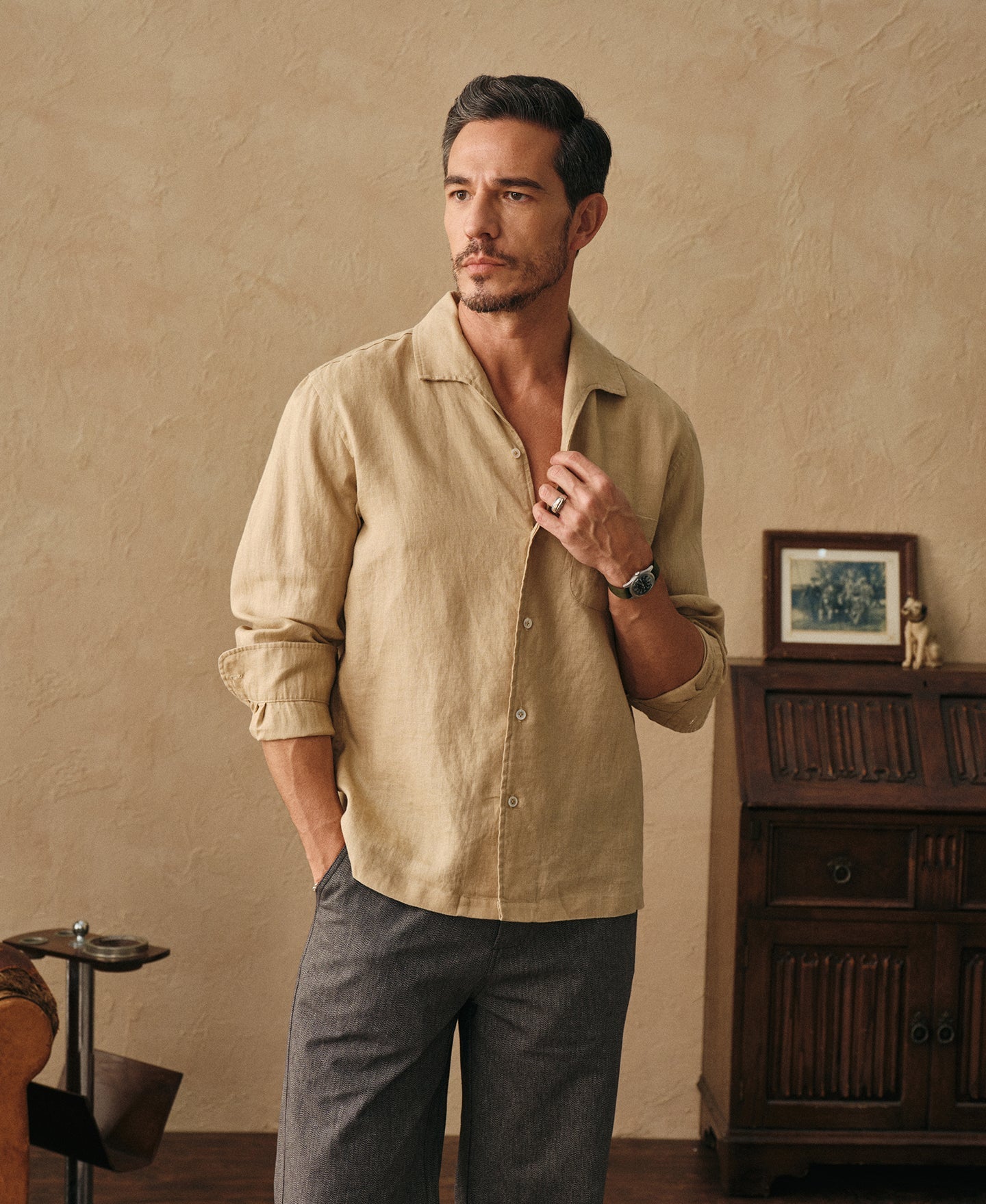 1950s Italian Collar Long Sleeve Linen Shirt - Light Coffee