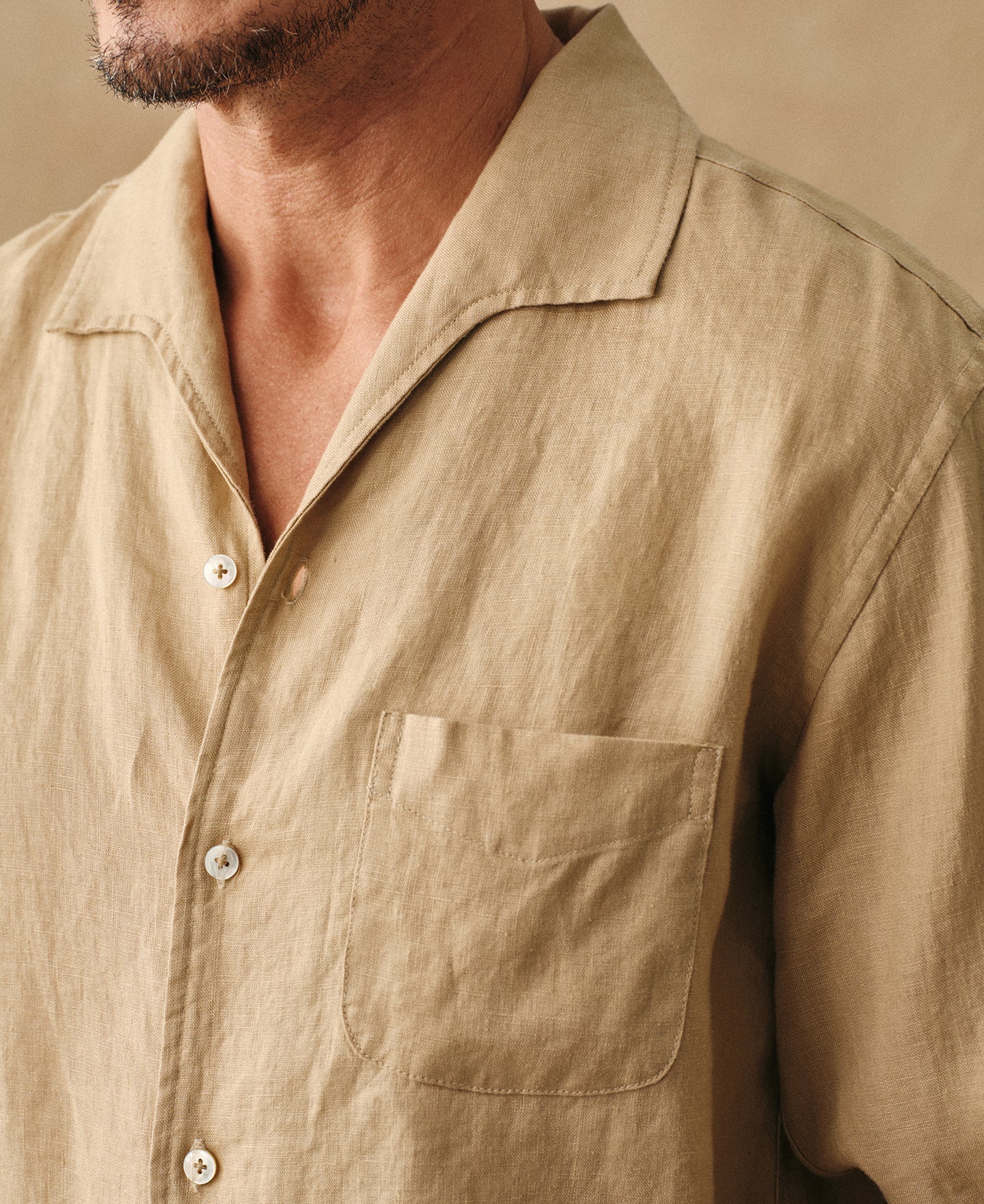 1950s Italian Collar Long Sleeve Linen Shirt - Light Coffee