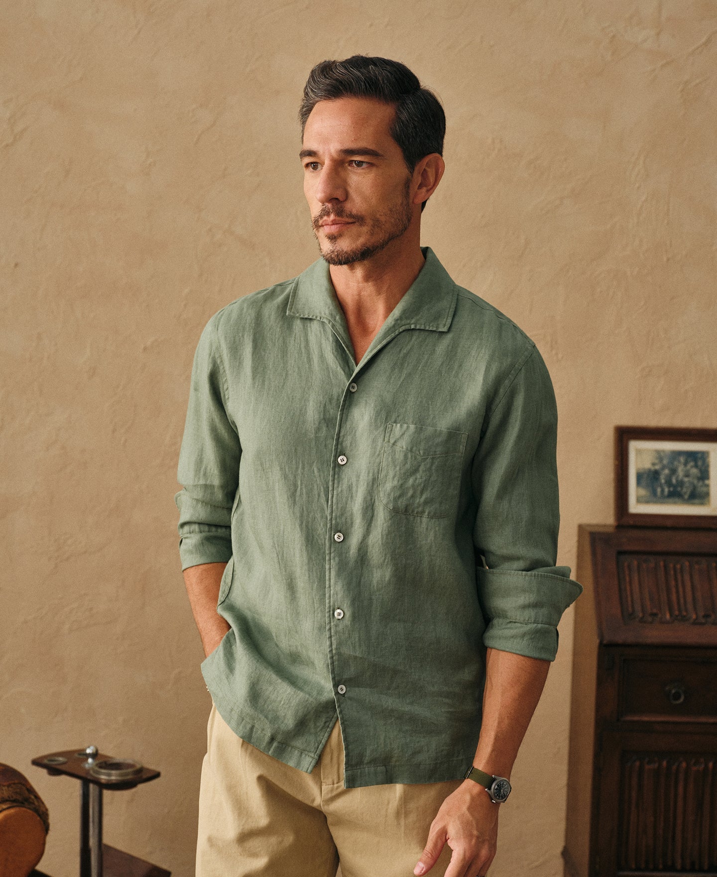 1950s Italian Collar Long Sleeve Linen Shirt - Sage
