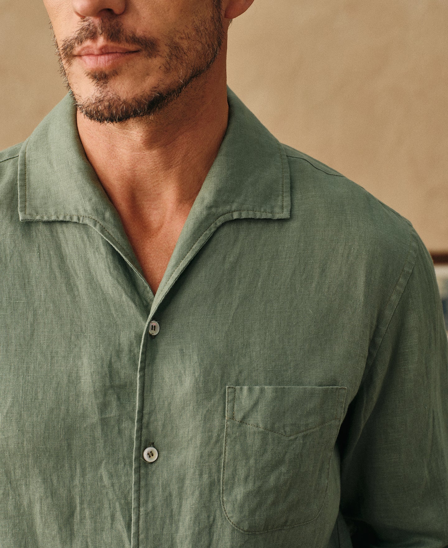1950s Italian Collar Long Sleeve Linen Shirt - Sage
