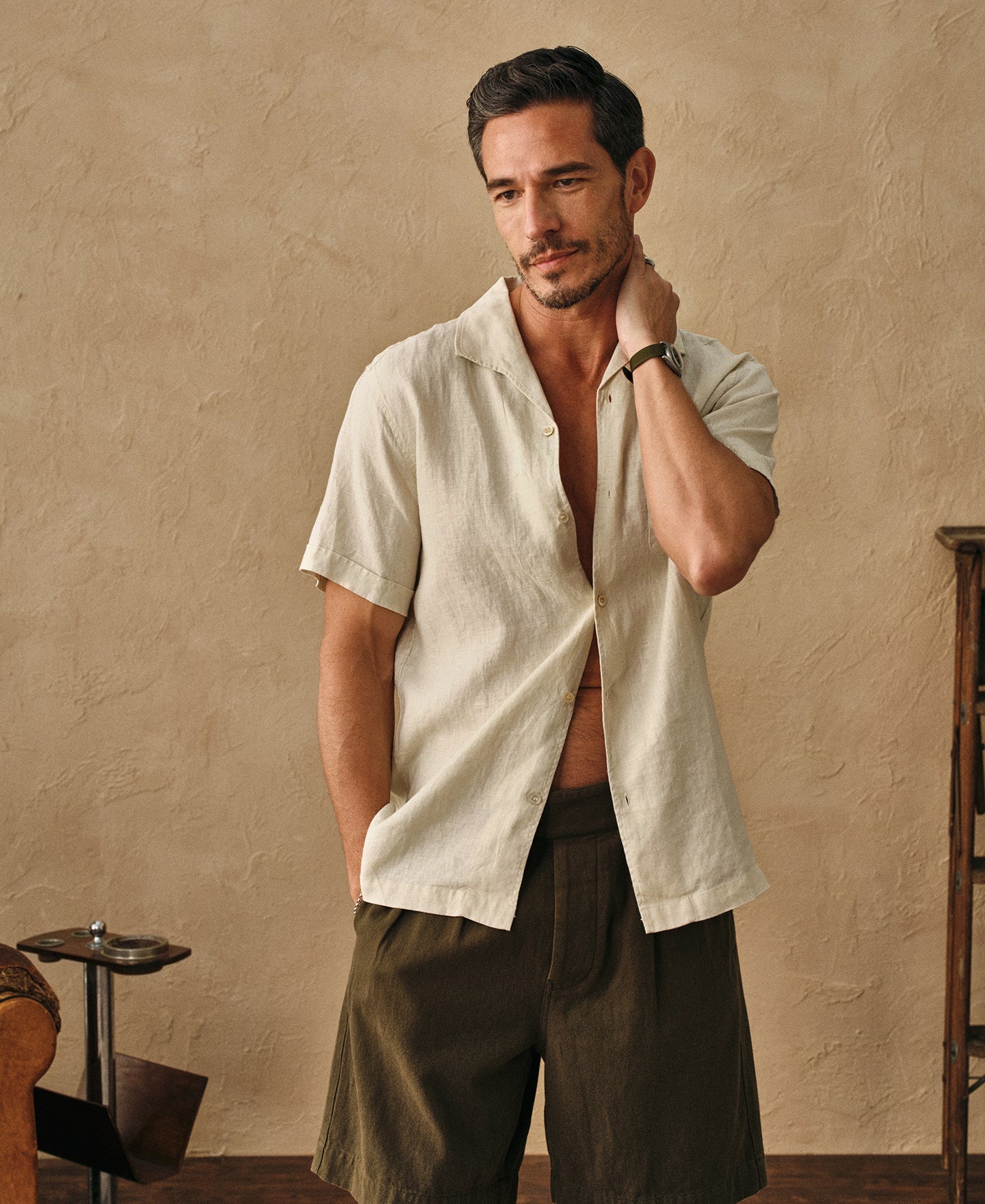 1950s Italian Collar Linen Short Sleeve Shirt - Beige