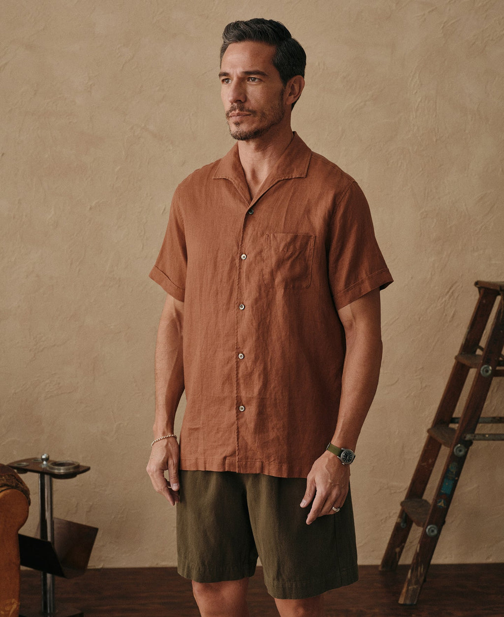 1950s Italian Collar Linen Short Sleeve Shirt - Brown