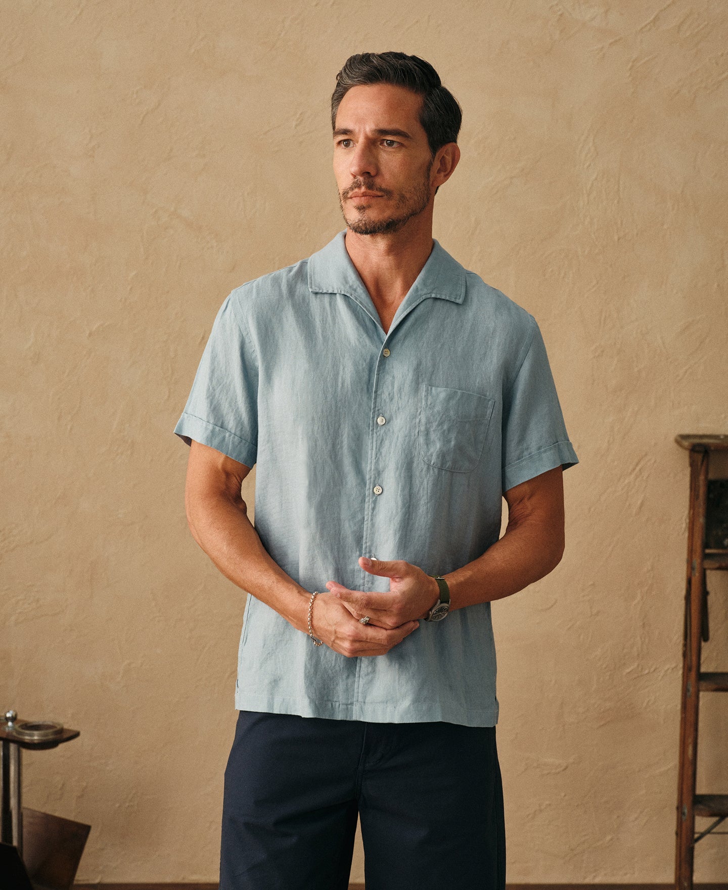 1950s Italian Collar Linen Short Sleeve Shirt - Light Blue