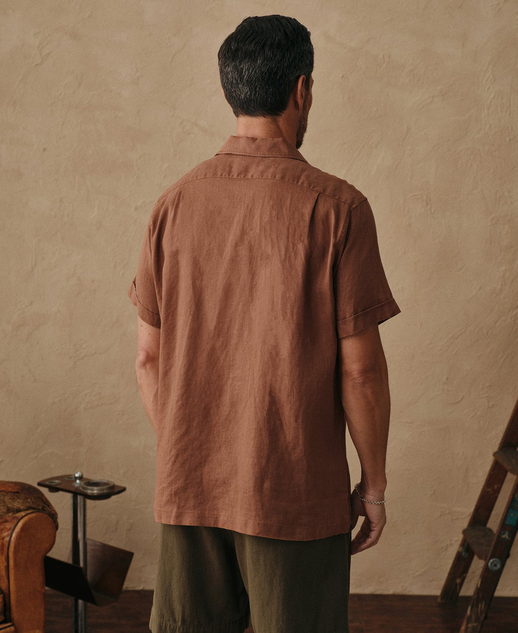 1950s Italian Collar Linen Short Sleeve Shirt - Brown