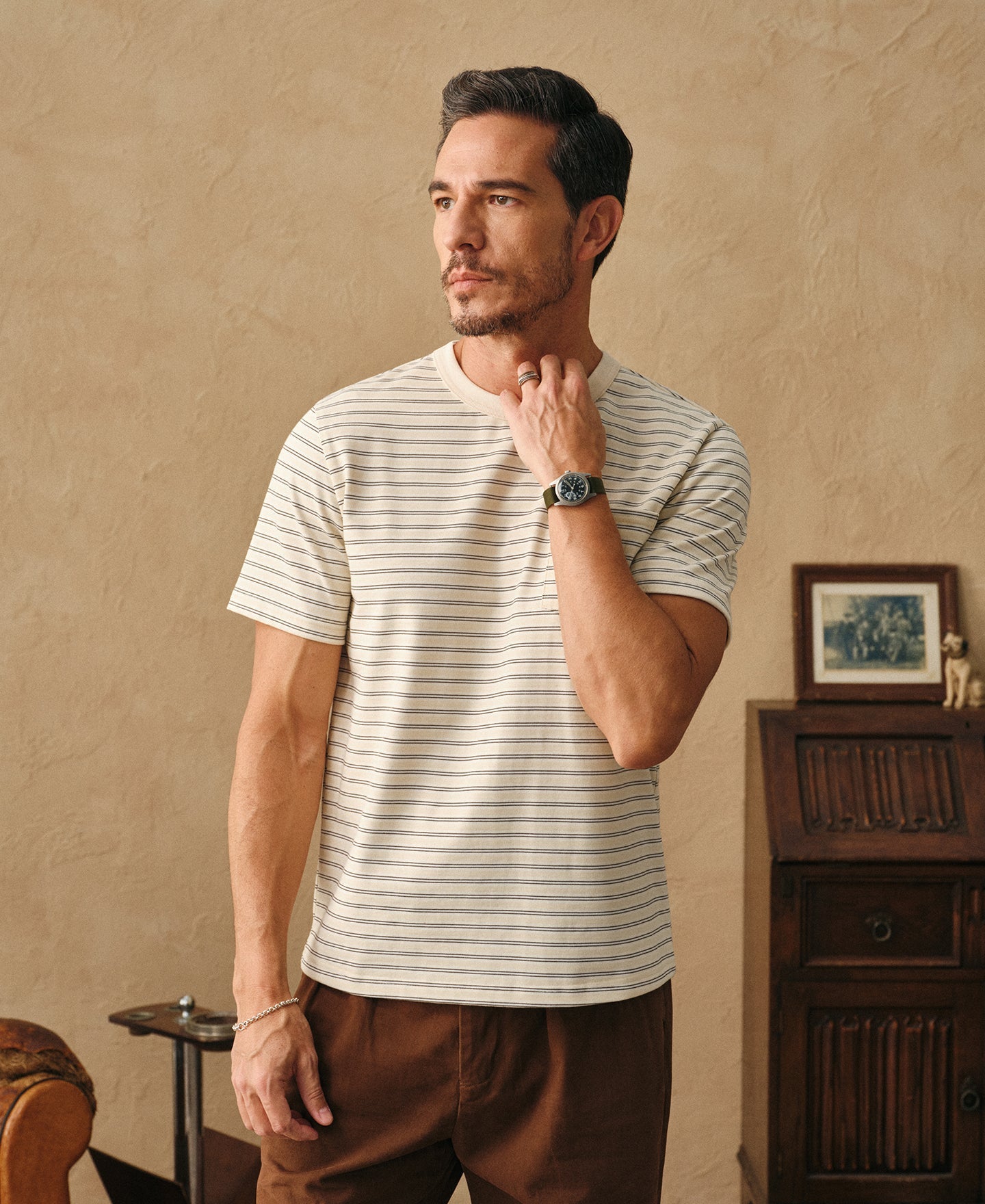 Heavyweight Cotton Striped Pocket T-Shirt - Apricot
