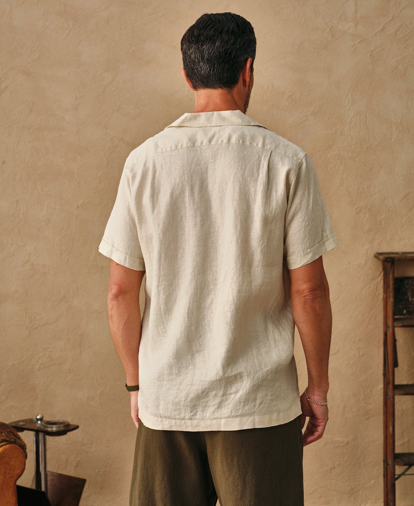 1950s Italian Collar Linen Short Sleeve Shirt - Beige