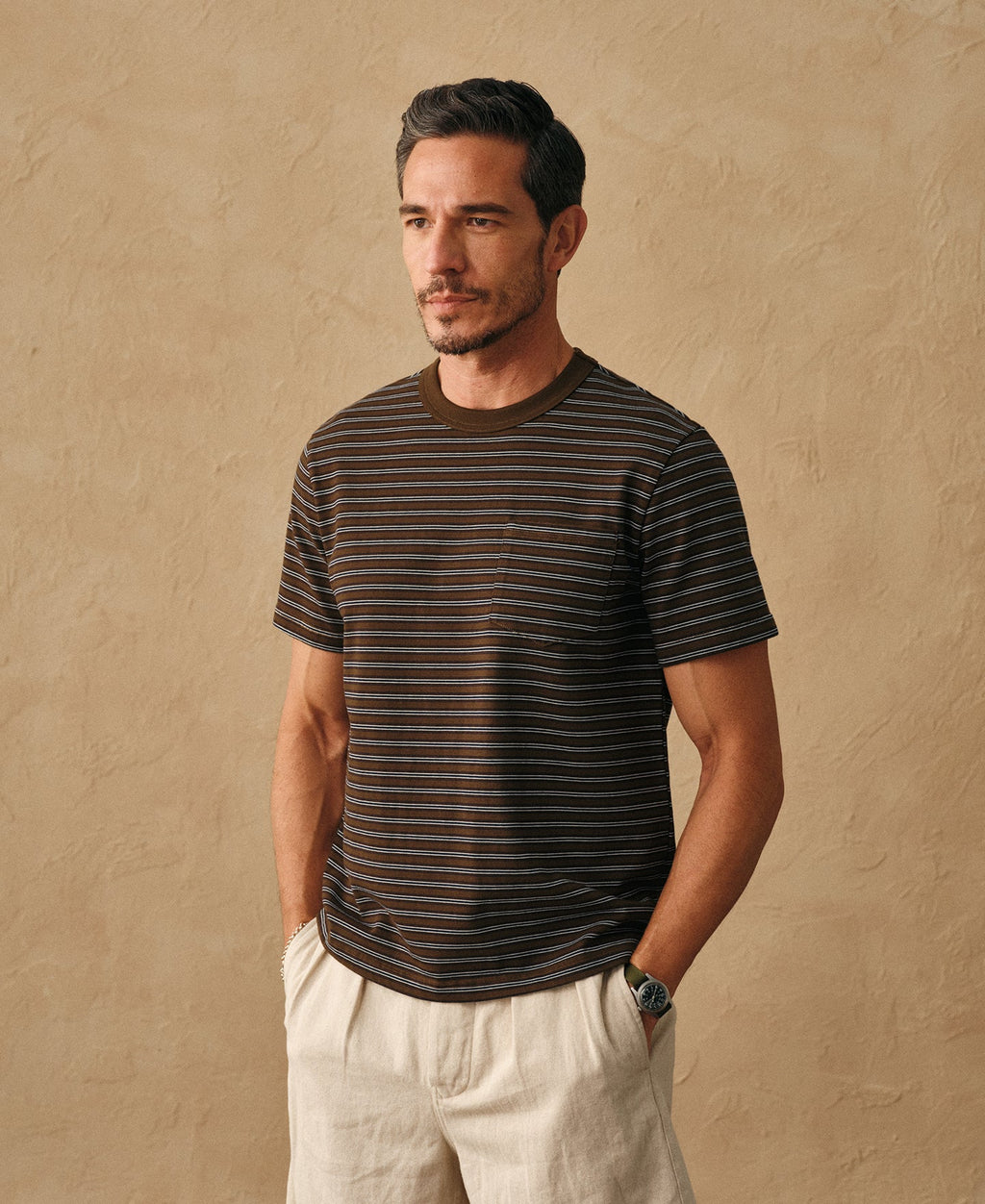 Heavyweight Cotton Striped Pocket T-Shirt - Coffee