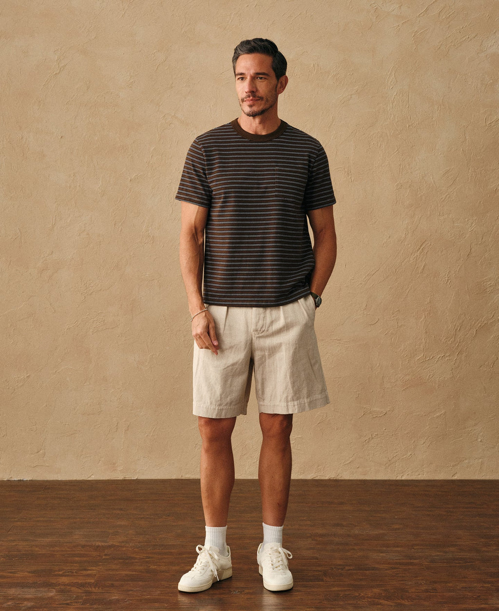Heavyweight Cotton Striped Pocket T-Shirt - Coffee