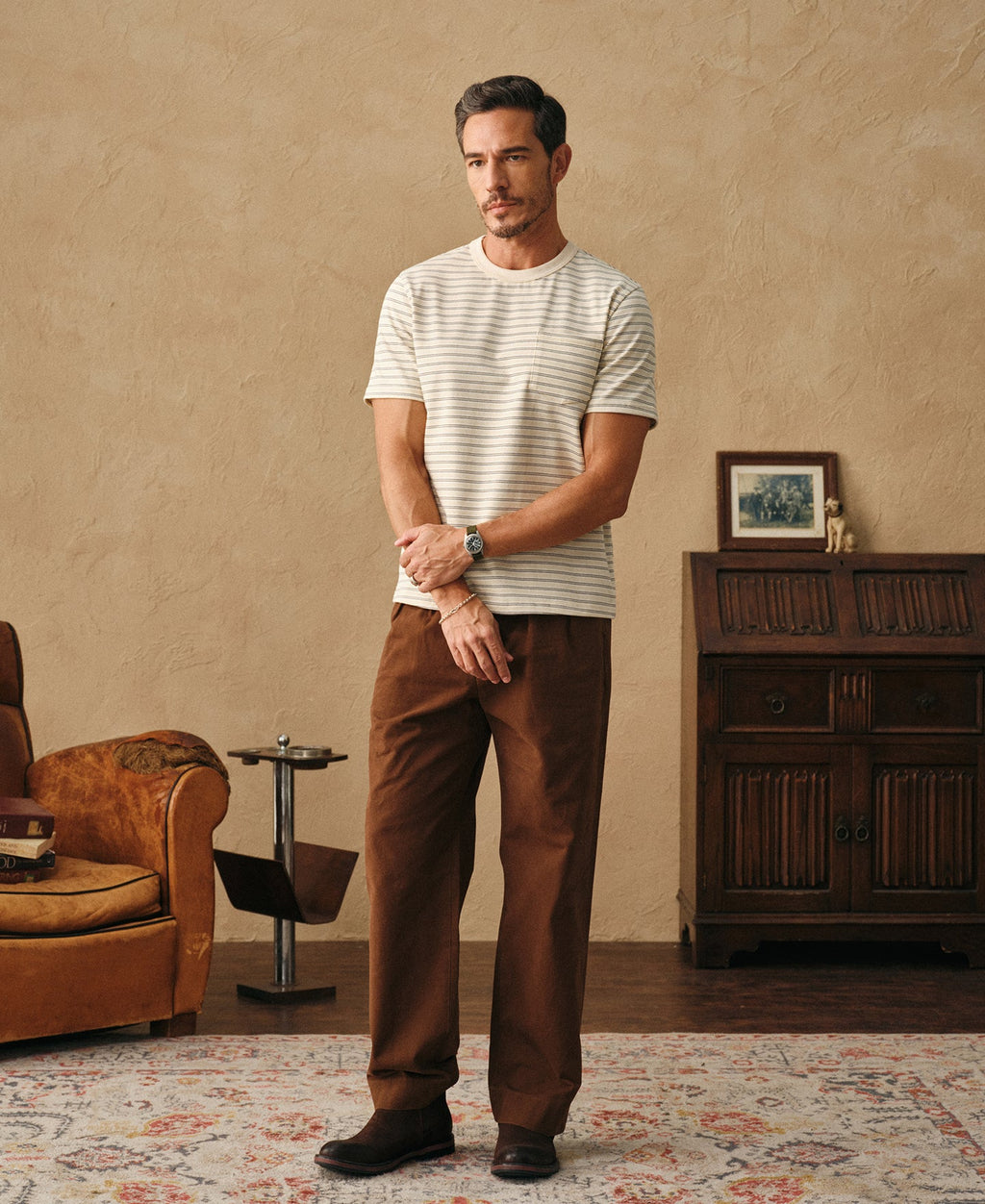 Heavyweight Cotton Striped Pocket T-Shirt - Apricot