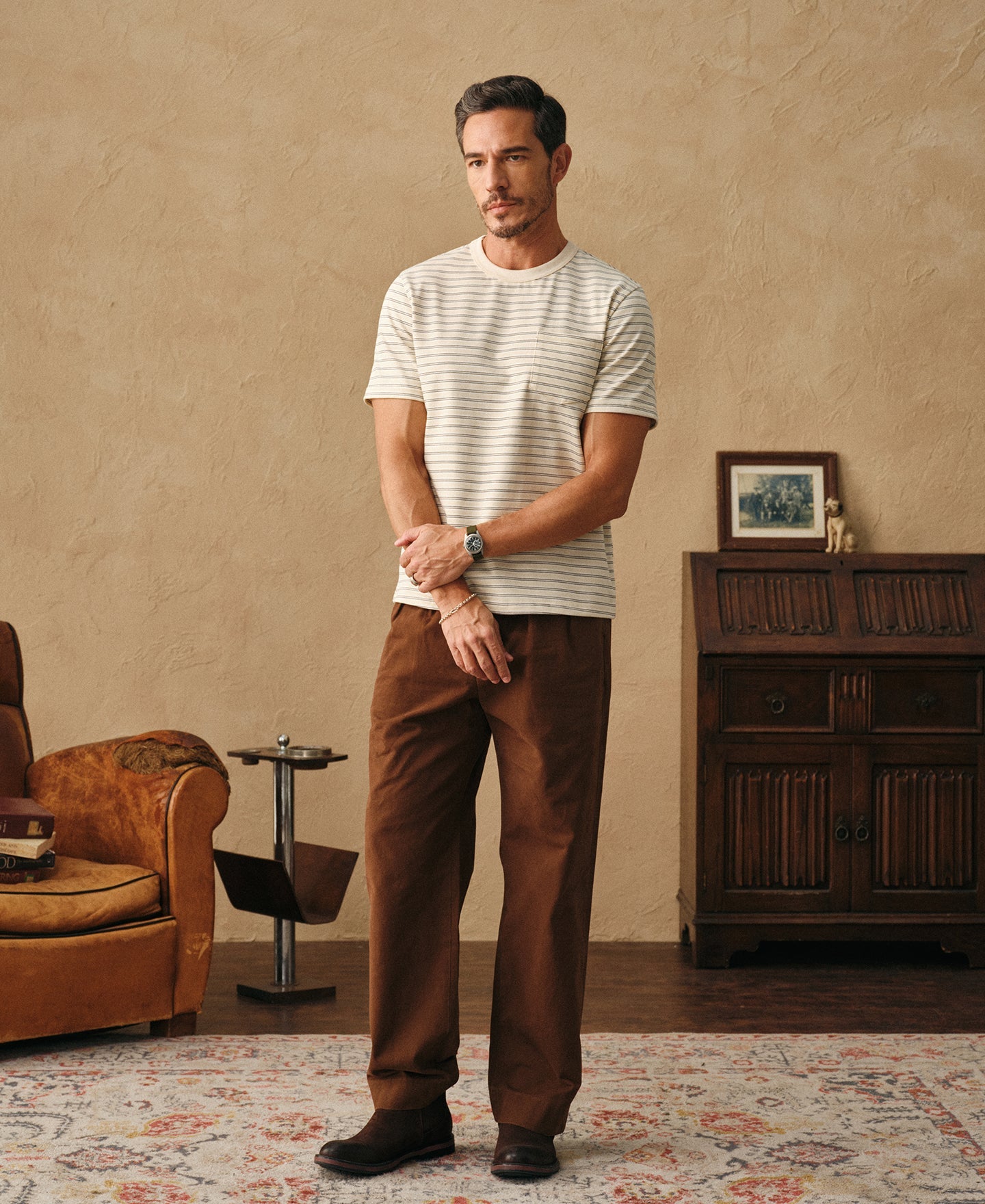 Heavyweight Cotton Striped Pocket T-Shirt - Apricot