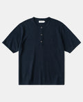 Linen Cotton Blend Knit Henley T-Shirt - Indigo