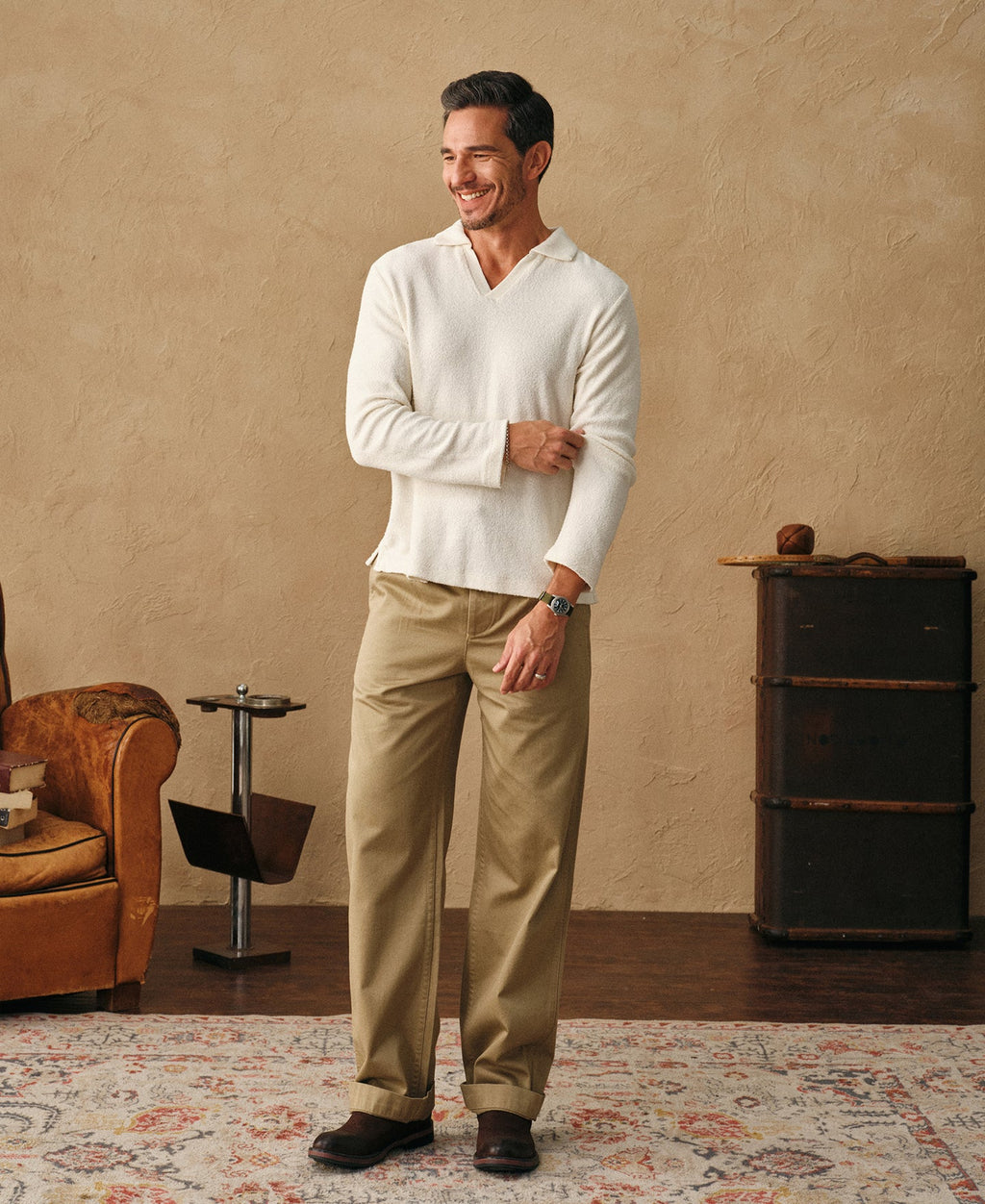 Terry Cloth Long Sleeve Johnny Collar T-Shirt