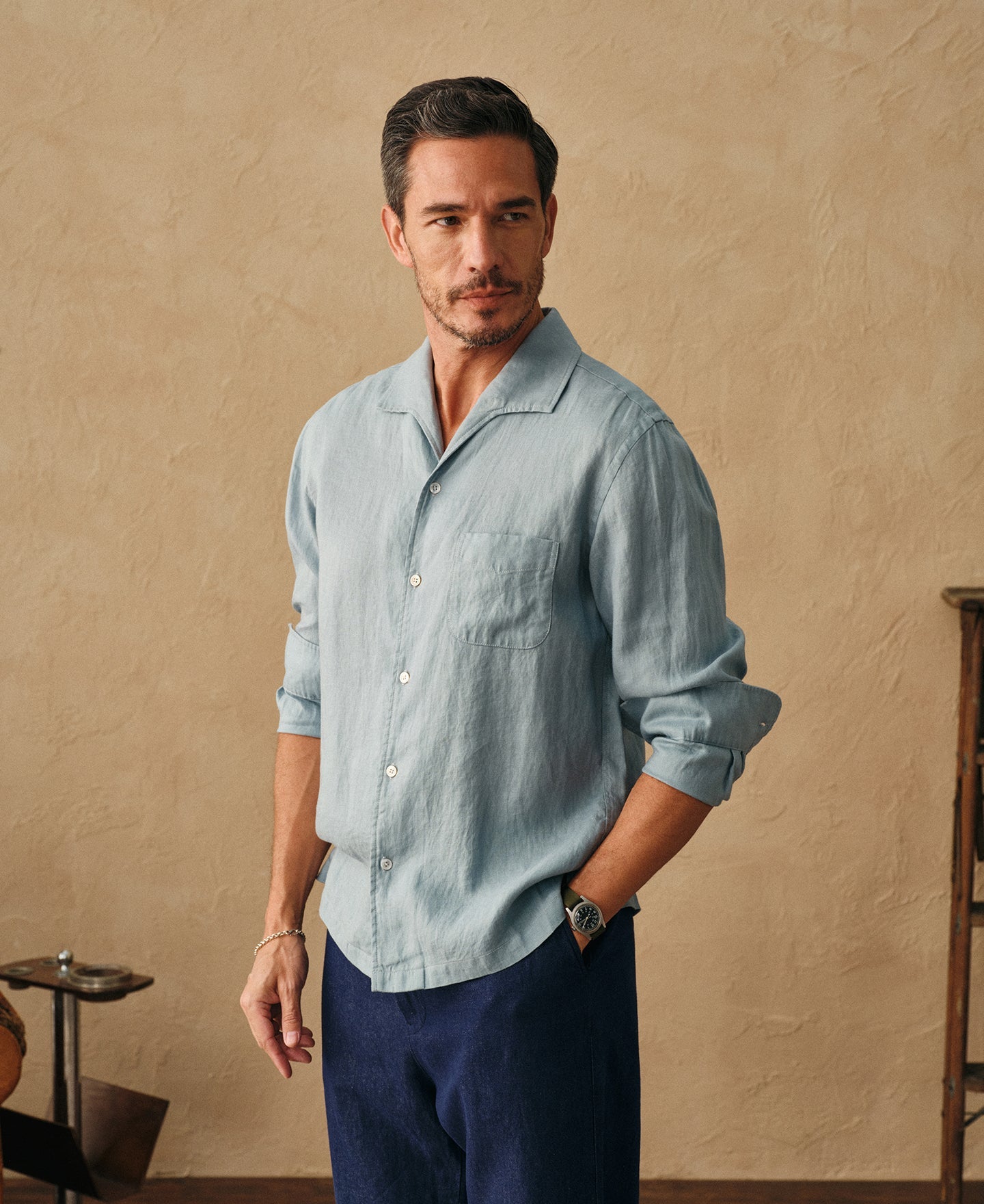 1950s Italian Collar Long Sleeve Linen Shirt - Light Blue