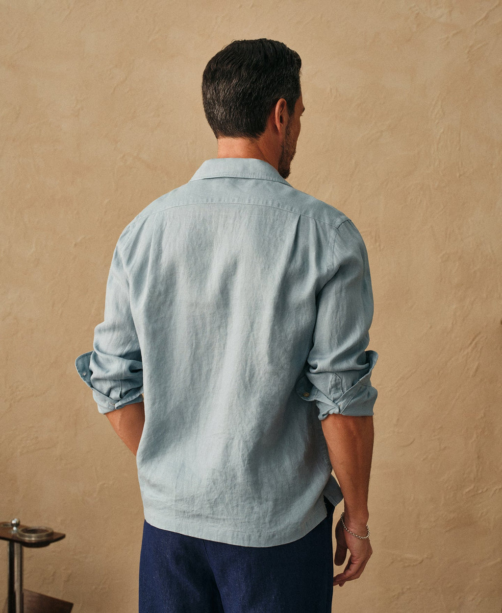 1950s Italian Collar Long Sleeve Linen Shirt - Light Blue