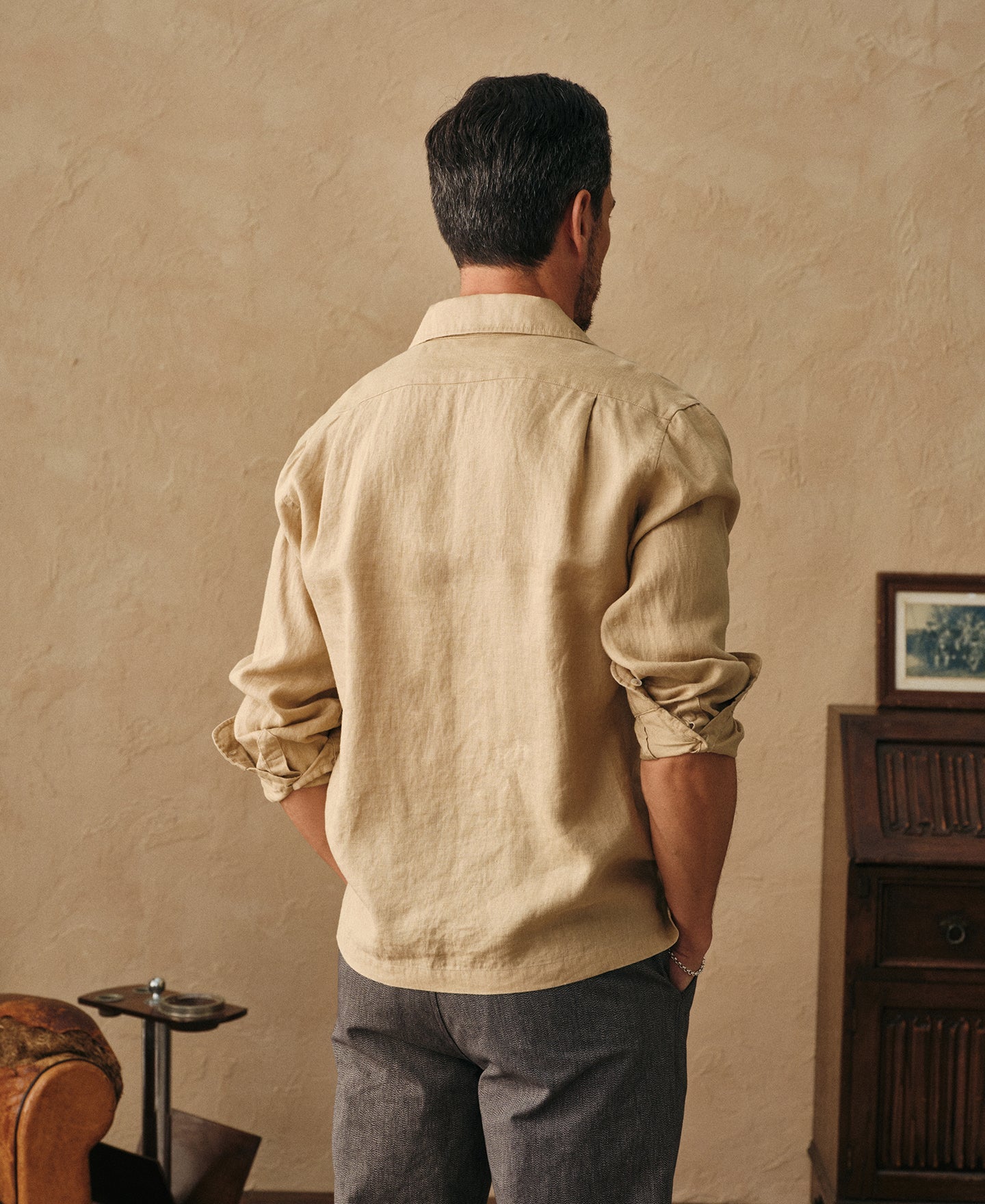 1950s Italian Collar Long Sleeve Linen Shirt - Light Coffee