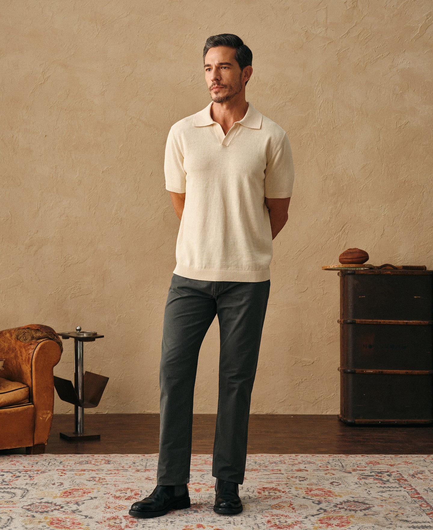 Linen Cotton Blend Knit Johnny Collar Polo - Apricot