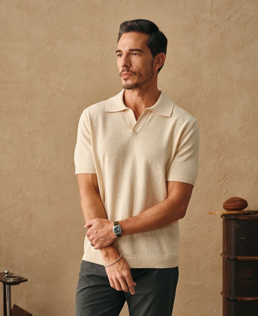 Linen Cotton Blend Knit Johnny Collar Polo - Apricot