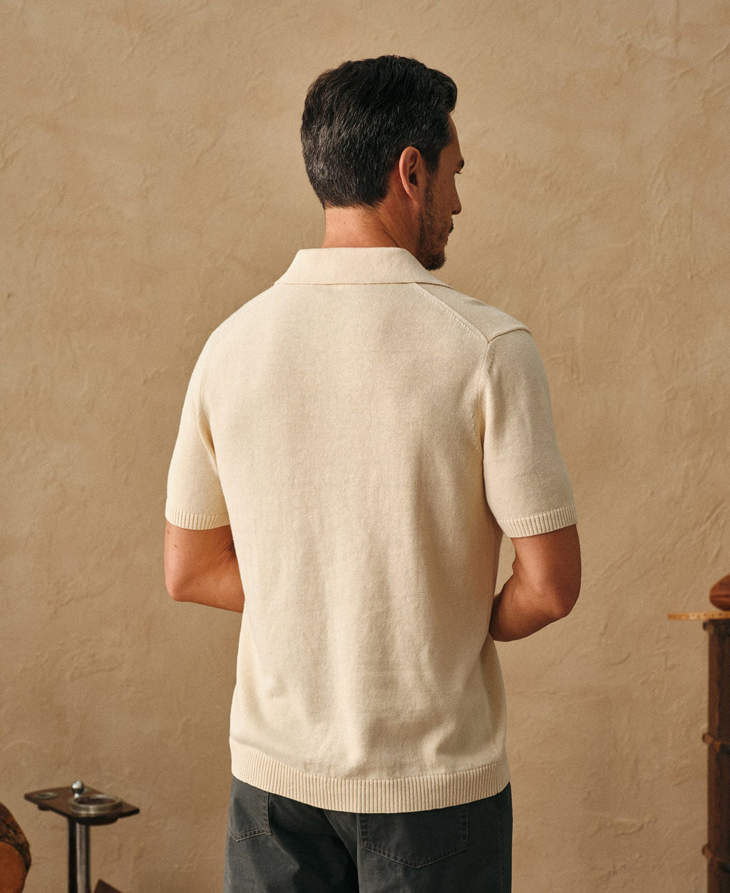 Linen Cotton Blend Knit Johnny Collar Polo - Apricot