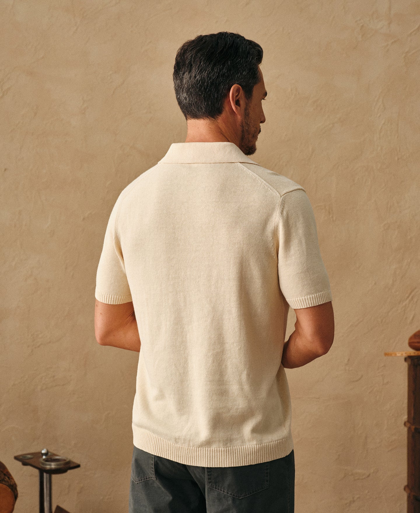 Linen Cotton Blend Knit Johnny Collar Polo - Apricot