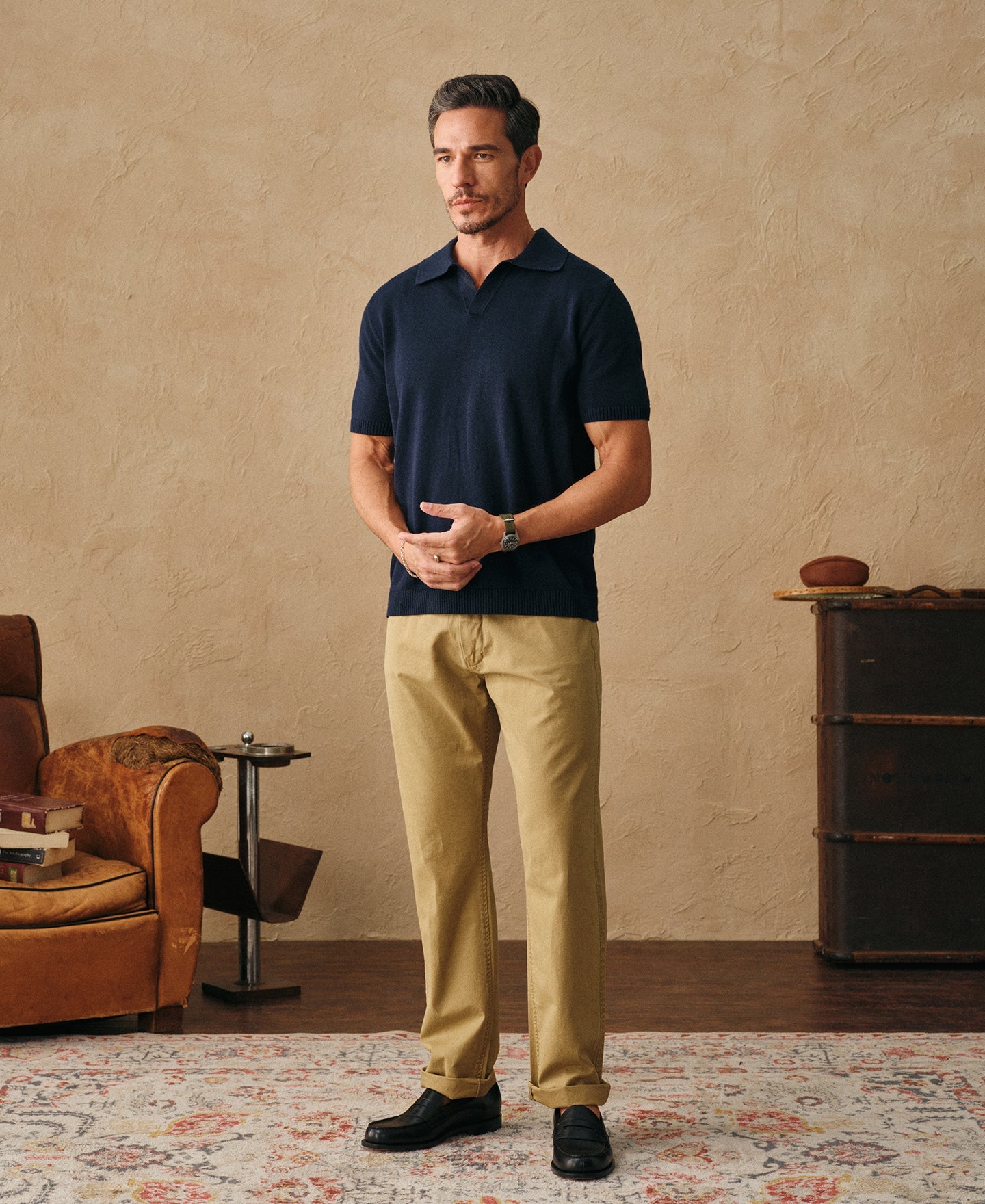 Linen Cotton Blend Knit Johnny Collar Polo - Indigo