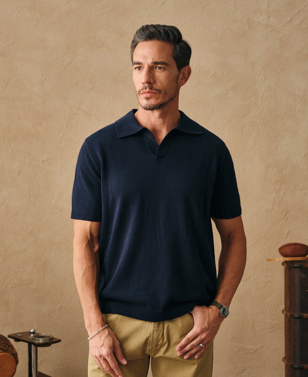 Linen Cotton Blend Knit Johnny Collar Polo - Indigo