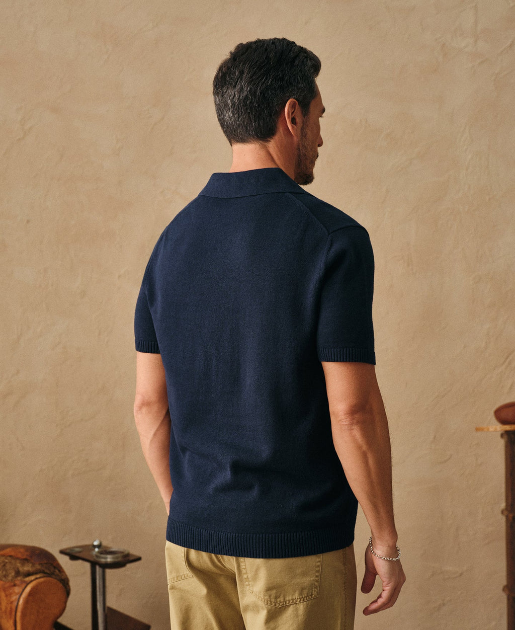 Linen Cotton Blend Knit Johnny Collar Polo - Indigo