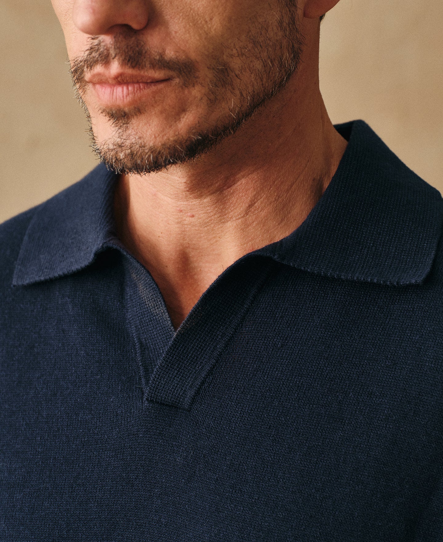 Linen Cotton Blend Knit Johnny Collar Polo - Indigo