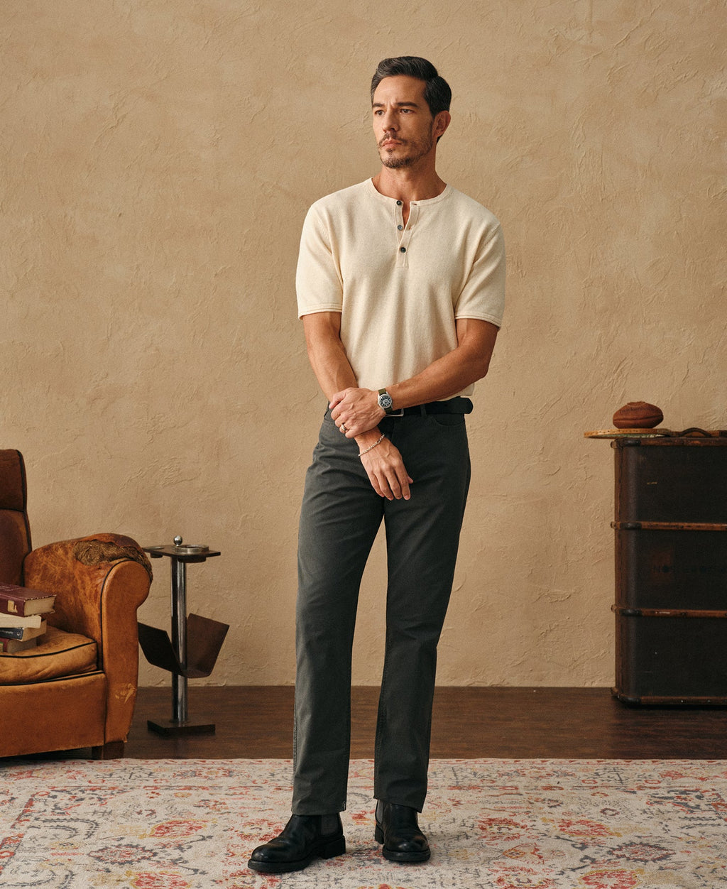Linen Cotton Blend Knit Henley T-Shirt - Apricot