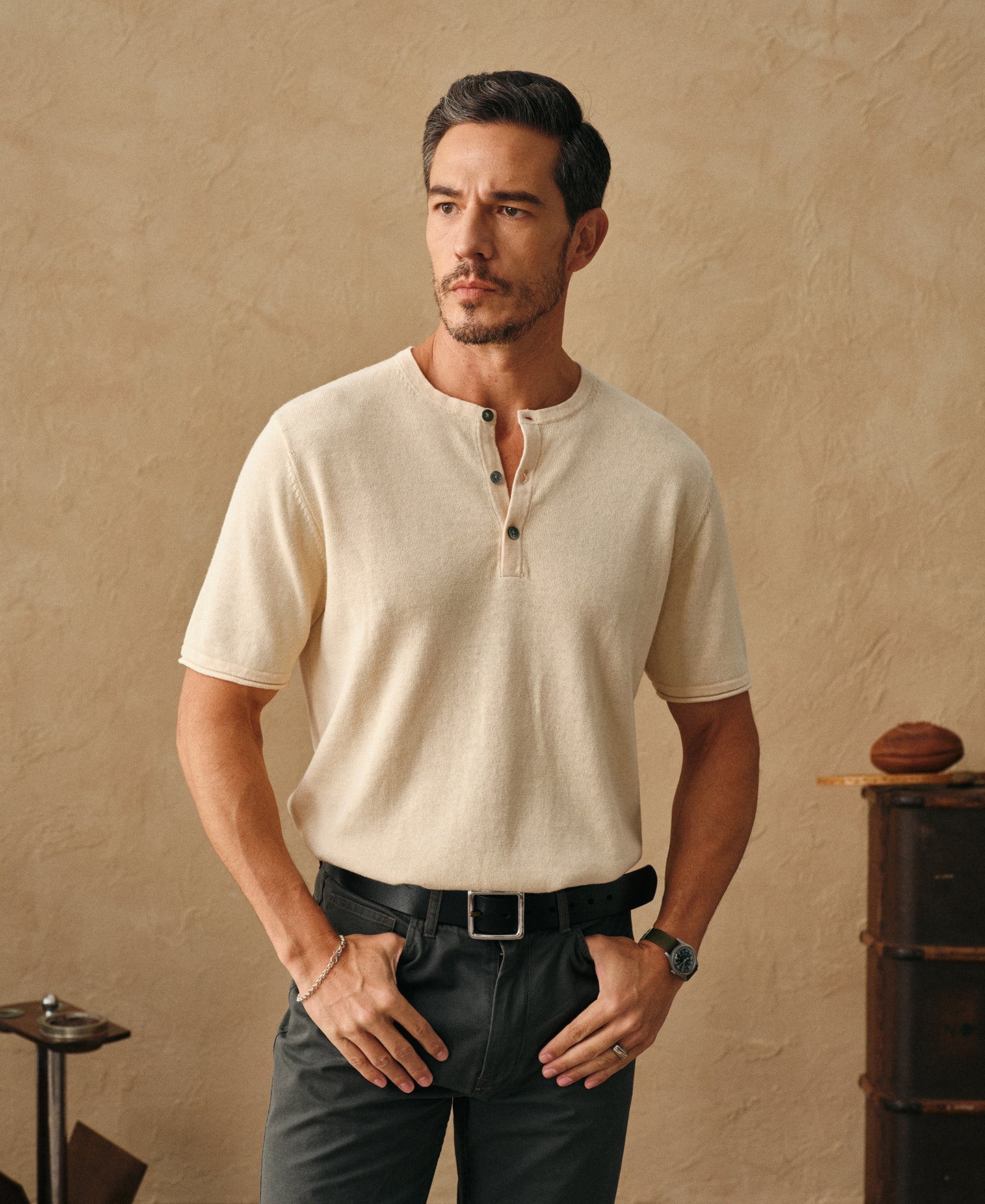 Linen Cotton Blend Knit Henley T-Shirt - Apricot