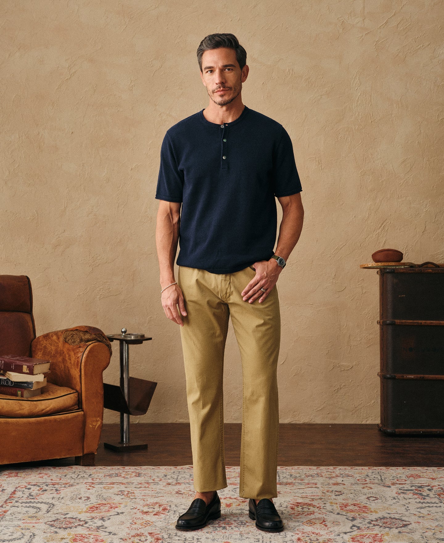 Linen Cotton Blend Knit Henley T-Shirt - Indigo