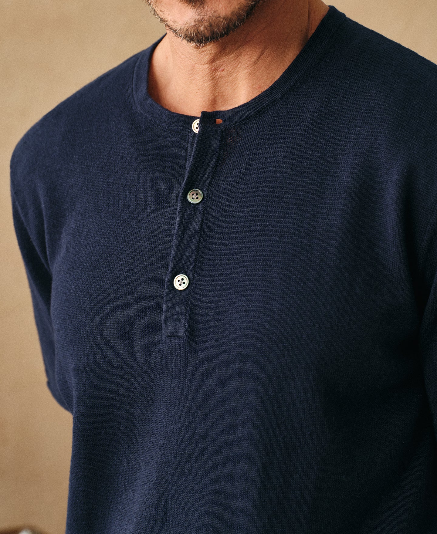 Linen Cotton Blend Knit Henley T-Shirt - Indigo