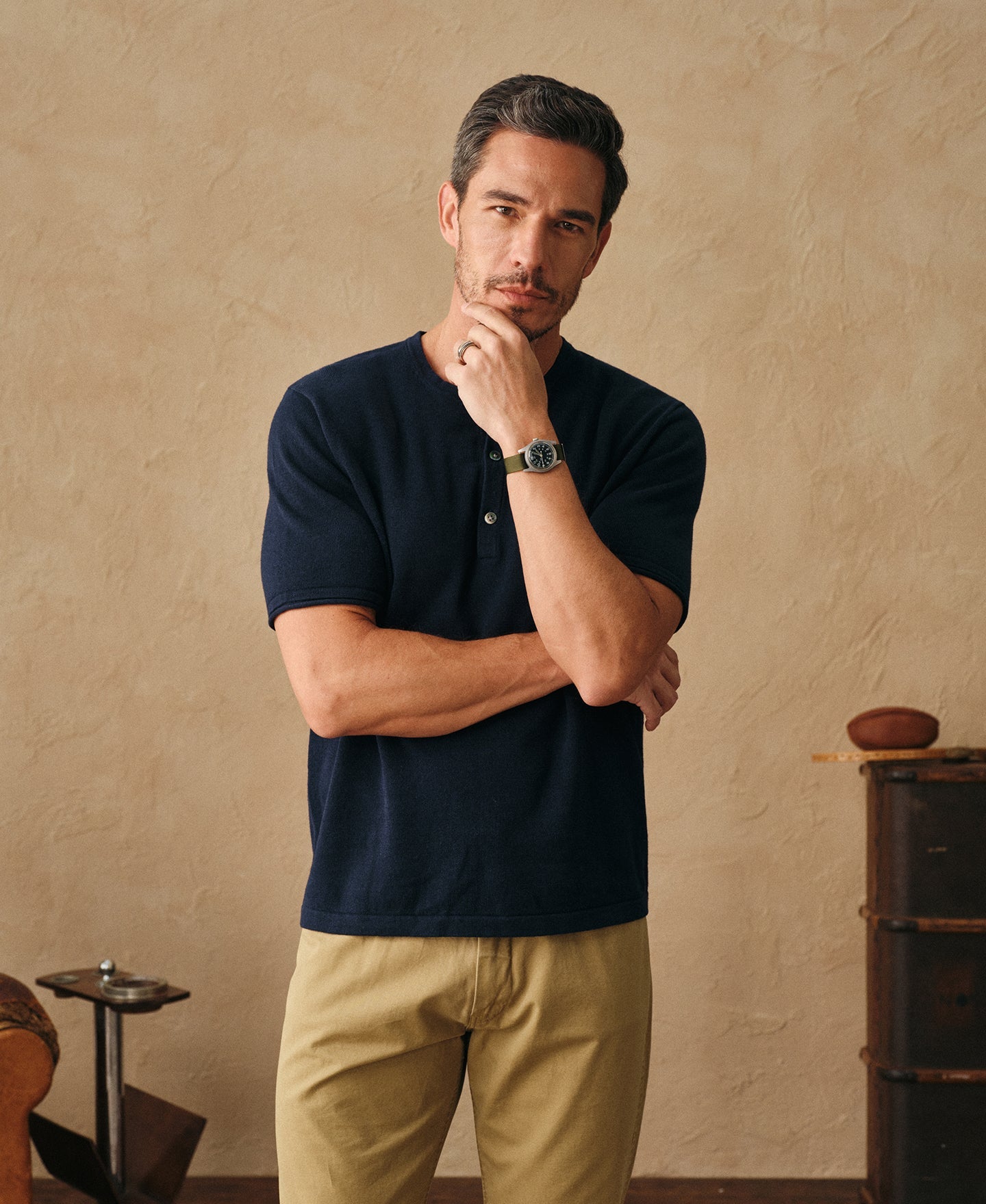 Linen Cotton Blend Knit Henley T-Shirt - Indigo